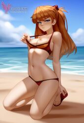 1girls 2d ai_generated areolae ass asuka_langley_sohryu back bare_shoulders beach big_ass bikini bikini_pull bikini_top blue_eyes breasts day erophoenix female female_focus full_body long_hair looking_at_viewer neon_genesis_evangelion ocean orange_hair outdoors pale_skin pale_skinned_female patreon_username red_bikini sky small_breasts solo swimsuit thick thick_thighs uncensored