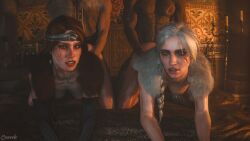 2boys 2girls 3d ass bed bedroom braid breasts cd_projekt_red ceeeeekc cerys_an_craite ciri crown dark-skinned_male dark_skin doggy_style earrings female freckles hip_grab human human_female human_male indoors interracial light-skinned_female light-skinned_male light_skin looking_at_viewer male male/female mascara nipples penetration red_hair scar sex the_witcher_(series) the_witcher_3:_wild_hunt the_witcher_4 vaginal_penetration white_hair witcher_medallion yellow_eyes