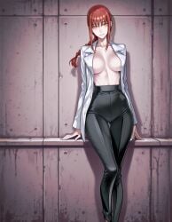 1girls ai_generated black_pants chainsaw_man female female_only jacket makima_(chainsaw_man) no_bra open_clothes open_jacket pants red_hair solo white_jacket zloimakak