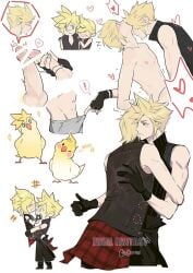 ! 2boys animalization aqua_eyes aries20770321 arm_ribbon artist_name bar_censor bare_shoulders black_boots black_gloves black_ribbon black_vest blonde_hair blush boots censored chocobo closed_eyes clothes_around_waist cloud_strife cum final_fantasy final_fantasy_vii final_fantasy_vii_advent_children final_fantasy_xv fingerless_gloves freckles gloved_handjob gloves grey_male_underwear hair_between_eyes hand_on_another's_cheek hand_on_another's_face handjob heart highres in-franchise_crossover light_blush male_focus male_underwear multiple_boys multiple_views one_eye_closed parted_lips penis pink_ribbon plaid_clothes plaid_shirt popped_collar prompto_argentum ribbon shirt shirt_around_waist short_hair smile spiked_hair spoken_exclamation_mark spoken_heart teeth topless_male underwear vest white_background wide-eyed yaoi