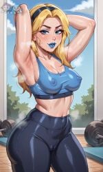 1female 1girls ai_generated armpits arms_behind_head arms_up blonde_female blonde_hair blue_eyes blue_lipstick blush cameltoe dizelxl female gym_clothes gym_uniform headband headwear league_of_legends leggings looking_at_viewer luxanna_crownguard musk musk_clouds nipples_visible_through_clothing riot_games solo solo_female solo_focus sports_bra sportswear steam steaming_body steamy sweat sweatdrop sweating sweaty sweaty_body tight_clothing tight_pants watermark yoga_pants