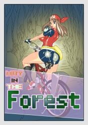 1girl anythinggoes asking_for_help bicycle big_breasts big_butt breasts brown_hair female forest forest_background may_(pokemon) pokemon tagme