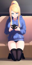 1girls ai_generated anime_nose black_stockings blonde_hair blue_eyes blue_hoodie concentration controller gaming hoodie long_hair long_hair_female metroid novel_ai novelai playing_videogame samus_aran stable_diffusion stockings video_game_character