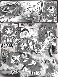 3:4 anthro blush bodily_fluids button_(fastener) button_eyes comic doll duo electrocution electrostimulation female female/female greyscale hi_res ink inkdoll lagomorph leporid mammal masochism monochrome rabbit restrained shocked sweat