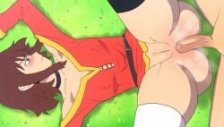 1boy 1girls anal anal_sex animated bare_ass bare_legs big_ass big_penis big_thighs blush bouncing_breasts breasts d-art dubious_consent female female_focus kono_subarashii_sekai_ni_shukufuku_wo! male massive_thighs megumin neckwear nervous pussy satou_kazuma shy spread_legs vagina