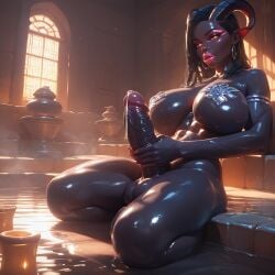1futa 2d ai_generated big_breasts big_lips big_penis curvy demon demon_futa elf_ears futa_only futanari horns masturbation precum solo solo_futa