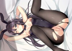 1girls animal_ears blush breasts bunny_ears bunnygirl bunnysuit hair headband kaetzchen nipple_slip nipples purple_eyes purple_hair pussy sakurajima_mai seishun_buta_yarou_wa_bunny_girl_senpai_no_yume_wo_minai torn_clothes uncensored wink