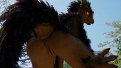 16:9 3d_(artwork) absurd_res anthro anus ass beak bent_over bird_wyvern blue_sky capcom claws day digital_media_(artwork) feathers female genitals glowing glowing_eyes hi_res looking_at_viewer looking_back looking_back_at_viewer monster_hunter mrs_dexie nature nature_background nude nude_anthro nude_female open_mouth plant pussy rear_view scalie seikret sky solo tail tree widescreen yellow_eyes