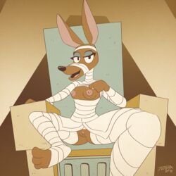 1:1 2018 absurd_res amunet_(ducktales) anubian_jackal bandage bedroom_eyes breasts canid canine canis chair disney ducktales ducktales_(2017) egyptian eyeshadow female fur furniture furry furry_only half-closed_eyes hi_res jackal looking_at_viewer makeup mammal monochrome nipples open_mouth presenting presenting_pussy pussy seductive sepia solo throne tvma unwrapping