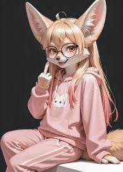 ai_generated amber_eyes baggy_clothing big_ears blonde_hair cheeky cute cute_expression fennec fennec_fox furry glasses hoodie middle_finger moony3234 nail_polish oversized_clothes oversized_clothing pink_hair pink_nails rude rude_gesture simple_background sweater young