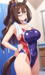 ai_generated animal_ears blue_eyes brown_hair changing_room el_condor_pasa_(umamusume) female horse_girl long_hair mask masked swimsuit umamusume umamusume_pretty_derby wet
