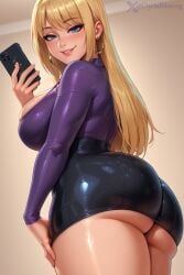 1girl ai_generated ass big_ass big_breasts bitch blonde_female blonde_hair blue_eyes breasts busty crystal_(crystal_m) crystal_m curvy curvy_female female female_only from_below hoop_earrings latex_miniskirt legs_together long_hair miniskirt neckline original original_character perfect_ass purple_top seductive seductive_look sexy_pose shiny_skin showing_ass smiling smiling_at_viewer solo_female taking_selfie thick_legs thick_thighs tight_clothing tight_long_top voluptuous voluptuous_female waist wide_hips