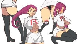 1girls 2d 2d_(artwork) black_boots black_gloves black_panties black_socks blue_eyes blush breasts color earring female female_focus jessie_(pokemon) kneeling large_breasts lipstick long_hair mayu_naisu midriff pantyshot pokeball pokemon purple_hair team_rocket thigh_boots thigh_highs thighhighs underboob voluptuous voluptuous_female wet_hair widow's_peak