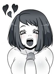 1boy after_fellatio breasts ejaculation fellatio female hearts_around_head high_resolution imminent_oral male my_hero_academia ochako_uraraka oral penis saliva seductive_mouth small_breasts steca thelazyart throat tongue tongue_out