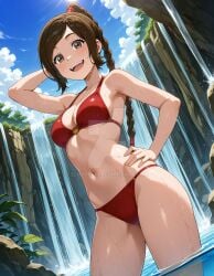 2025 ai_generated avatar_the_last_airbender belly brown_eyebrows brown_eyes brown_ponytail deviantart elryusam forest hand_on_head hand_on_hip looking_at_viewer meta nickelodeon not_porn open_mouth orange_cheeks paramount_animation red_bikini smile_at_viewer smiling_at_viewer tummy ty_lee viacom waterfall wet_bikini wet_body wet_skin