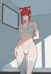 1girls ai_generated bra cat_ears chainsaw_man female_only makima_(chainsaw_man) panties red_hair solo thighhighs underwear white_bra white_panties white_thighhighs white_underwear zloimakak