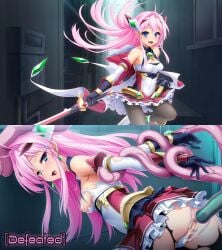 1boy 1girls aikawa_haruno anal anal_sex anal_stimulation armor armored_female before_and_after blue_eyes boob_window defeated defeated_heroine drugs exs-tia_ignis female head_grab kamitsurugi_ouka kouyoku_senki_exs-tia kouyoku_senki_exs-tia_concerto lusterise magical_girl male pink_hair rape restrained superheroine sword tentacle