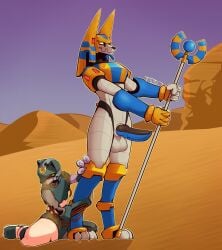 animal_genitalia animal_penis anthro anubis_necromancess canid canine canine_genitalia canine_penis canis capcom desert duo genitals hi_res holding_object holding_staff jackal machine male mammal mega_man_(series) mega_man_zero penis red_eyes reploid robot robot_gore staff trueblue3d