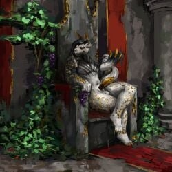 1:1 absurd_res chair dreadlocks felid food fruit furniture grape hi_res jaguar looking_at_viewer male male/male mammal pantherine plant presenting sitting smile smirk solo solo_focus tagme throne vekyn