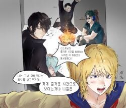 1girls 4boys black_hair blonde_hair blowjob class_3-z cum cum_in_mouth eye_patch fellatio female gay gintama gintoki_sakata hair_over_one_eye hand_on_another's_head kawakami_bansai kijima_matako korean_text looking_back male no_visible_genitalia official_alternate_costume oiiiioioioiio oral school_uniform stealth_fellatio stealth_oral takasugi_shinsuke takechi_henpeita white_hair yaoi