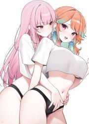 2girls breasts female female_only fingering fingers fingers_in_panties hololive large_breasts looking_at_another looking_back miyuchiq panties takanashi_kiara thighs yuri