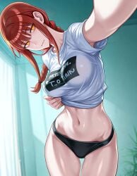 1girls ai_generated black_panties chainsaw_man female_only makima_(chainsaw_man) panties red_hair shirt_and_panties solo t-shirt white_shirt yellow_eyes zloimakak