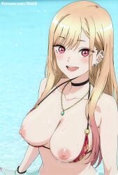 ai_generated anime beach blonde_hair breasts_out day deik0 kitagawa_marin marin_kitagawa medium_breasts multicolored_hair my_dress_up_darling pink_eyes pink_hair smile sono_bisque_doll_wa_koi_wo_suru standing water
