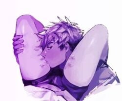 1boy 2018 anonymous_character booty_shorts edit grey_hair hand_on_thigh hickey hickey_marks hickeys_on_thighs idkkun lowres midriff midriff_baring_shirt midriff_peek midriff_showing original original_character pov pov_eye_contact purple_theme shorts