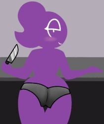 alternate_universe bent_over black_panties eyelashes female five_nights_at_freddy's five_nights_at_freddy's_2 holding_knife holding_object holding_weapon knife looking_at_viewer looking_over_shoulder panties panties_only purple_guy_(fnaf) purple_hair purple_skin rule_63 short slim smile solo twintails white_eyes william_afton