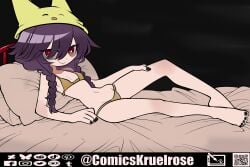 black_hair black_nails braids comicskruelrose funamusea golden_bikini hand_on_leg little_breasts lying_on_bed mogeko mogeko_castle red_eyes short_hair smiling waist yonaka_kurai