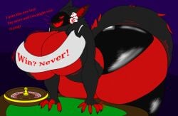 big_ass big_breasts big_butt big_thighs breasts casino chubby cleavage female furry furry_female hyper hyper_breasts hyper_butt latex_shorts latex_stockings lying poker_cards poker_chip protogen roulette_wheel tail tall tall_female text tight_clothes