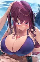 1boy 1girls bikini blush breasts cevio commission cum cum_on_body facial female highres kanzen_bouon large_breasts light-skinned_female light-skinned_male light_skin long_hair male natsuki_karin outdoors paizuri pixiv_commission purple_bikini purple_eyes purple_hair straight swimsuit synthesizer_v