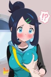 blue_eyes breast_rub breasts liko_(pokemon) metamine10 pokemon_horizons