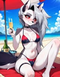 2025 ai_generated anthro beach belly black_dot_eyes black_legwear blush breasts deviantart elryusam female furry_ears furry_female furry_nose furry_only furry_tail grinning_at_viewer hellhound helluva_boss holding_champagne_glass looking_at_viewer loona_(helluva_boss) meta metal_collar not_porn orange_cheeks red_and_black_bikini sitting_on_towel smile smiling_at_viewer tummy vivziepop white_eyes white_hair_female wolf wolf_ears wolf_girl wolf_tail youtube
