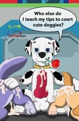 absurd_res animal_genitalia animal_penis ass ass_up balls blue_eyes bodily_fluids canid canine canine_genitalia canine_penis canis cel_shading cockapoo collar cum cum_in_pussy cum_inside cum_on_butt cum_on_penis dalmatian domestic_dog english_text erection everest_(paw_patrol) female feral flirting_look flower_in_mouth fur genital_fluids genitals group group_sex hi_res husky knot knotted_penis male male/female mammal markings marshall_(paw_patrol) marvispot84 mixed_breed nickelodeon nordic_sled_dog paw_patrol paws penis purple_body purple_fur raised_tail seductive sex shaded siberian_husky sitting skye_(paw_patrol) speech_bubble spitz spots spotted_body spotted_fur tail tan_body tan_fur text threesome tremble_lines trembling_for_pleasure trio white_body white_fur