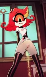 ai_generated breasts clitoris demon_girl dramatic_lighting female golden_shower hazbin_hotel niffty nipples peeing pissing_on_floor pussy short_skirt uncensored white_skin