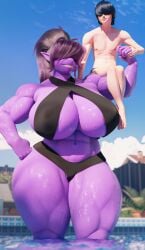 1boy 1girls 3d abs athletic athletic_female bikini breasts cleavage deltarune duo female female_anthro flexing giantess hair_over_eyes height_difference hi_res holding_partner huge_breasts kris_(deltarune) larger_female light-skinned_male male male_human male_human/female_anthro muscular muscular_anthro muscular_female muscular_thighs nipples_bulge nipples_visible_through_bikini nipples_visible_through_bra nipples_visible_through_clothing outdoors pool purple_body revealing_clothes scalie scrag_boy size_difference smaller_male susie_(deltarune) swimming_pool tomboy undertale_(series) voluptuous