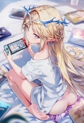 ai_generated ass_out bottomless cartethyia_(wuthering_waves) feet female_focus nintendo_switch raaicave shirt_only wuthering_waves