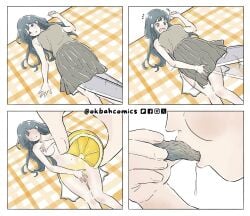 1girls blush breasts covering_breasts covering_crotch embarrassed female food_girl forced_exposure grey_hair implied_cunnilingus knife large_breasts lemon long_hair minigirl ok_bah_comics oyster personification sexually_suggestive skirt undressing undressing_another what