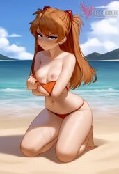 1girls 2d ai_generated areolae ass asuka_langley_sohryu back bare_shoulders beach big_ass bikini bikini_pull bikini_top blue_eyes breasts day erophoenix female female_focus full_body long_hair looking_at_viewer neon_genesis_evangelion ocean orange_hair outdoors pale_skin pale_skinned_female patreon_username red_bikini sky small_breasts solo swimsuit thick thick_thighs uncensored