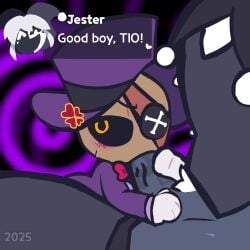 2025 2boys blowjob gray_clothing grey_skin jester jester_(accurate_piggy_roleplay) male_only piggy:_book_2 piggy_(game) pubic_hair purple_suit roblox roblox_game tagme tio_(piggy) top_hat white_hair