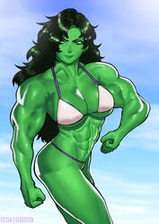 1girls abs big_breasts bikini cessa elee0228 female female_only green_eyes green_hair green_skin hulk_(series) large_breasts marvel marvel_comics muscles muscular muscular_female pinup she-hulk solo