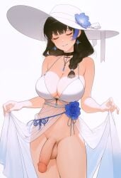 1futa ai-generated ai_generated black_choker black_hair blue_hair bottomless braid breasts cleavage closed_eyes earrings futanari goddess_of_victory:_nikke hair_over_shoulder hat_flower irofox large_breasts long_hair mary_(bay_goddess)_(nikke) mary_(nikke) necklace penis see-through see-through_sarong smile solo streaked_hair sun_hat testicles uncensored white_bikini white_headwear white_sarong white_swimsuit