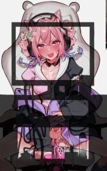 arknights balls black_jacket blush breasts bulge cone_hair_bun erection erection_under_clothes female futa_masturbation futanari hair_bun headphones intersex jacket masturbation medium_breasts mirin_chikuwa multicolored_hair on_chair open_mouth penis penis_peek pink_eyes pink_hair puffy_short_sleeves puffy_sleeves purple_hair sex_toy short_sleeves sitting solo spread_legs testicles two-tone_hair u-official_(arknights) vibrator