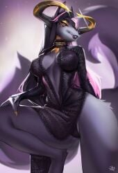 absurd_res anthro black_clothing black_hair black_sclera black_topwear canid canine clothed clothing female front_view fur genitals grey_body grey_fur hair hi_res horn looking_at_viewer mammal multi_eye multicolored_hair narrowed_eyes panties pink_eyes pink_hair pupils pussy shermugi slit_pupils solo topwear translucent translucent_clothing translucent_panties translucent_underwear two_tone_hair underwear
