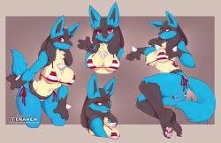 1girls 4_toes anthro big_breasts bikini blep blue_fur blush breasts canid canine chest_tuft claws clothed clothing feet female female_lucario female_only generation_4_pokemon hi_res looking_at_viewer lucario mammal multiple_poses nintendo pawpads paws pink_pawpads plantigrade pokemon pokemon_(species) pose red_eyes side-tie_bikini sketch_page smiling smiling_at_viewer soles solo tail teranen thick_thighs toes tuft