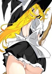 absurdres alternate_costume apron ass back_cutout blonde_hair braid breasts broom cameltoe clothes_lift clothing_cutout covered_erect_nipples female hair_between_eyes hat highres kirisame_marisa large_breasts long_hair looking_at_viewer looking_back marisa_kirisame panties shirt short_sleeves side_braid simple_background skirt skirt_lift smile solo touhou unanooo_(fthx7532) underwear waist_apron white_background white_panties witch_hat yellow_eyes