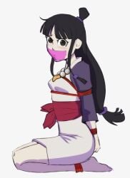 arms_behind_back black_eyes black_hair blush bondage bondage bound bound_arms bound_legs damsel_in_distress female gag gagged gyakuten_saiban gyakuten_saiban improvised_gag light_skin looking_at_viewer maya_fey rope sash scotchwaifus solo_female tape_gag taped_mouth top_knot
