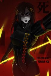 armored_female black_hair blue_eyes clothed_female falke_(signalis) grey_skin holding_spear nyuunzi pov red_background signalis simple_background standing tall_female