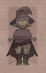 belt big_breasts breasts cape clawed_fingers clawed_toes female female_only freckles gertie_gobwich goblin goblin_female green_skin huge_areolae huge_breasts nipples open_toe_shoes potion_bottle purple_hair sharp_teeth shortstack subhueman thighs witch_hat wizard_hat yellow_eyes